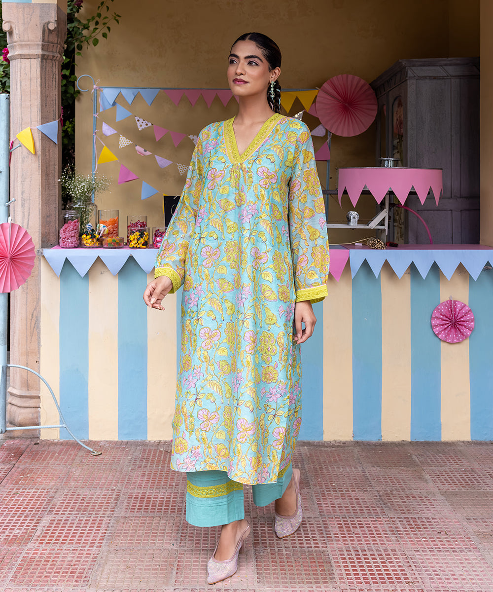 Cotton Candy Light Blue Chanderi Mulmul Kurta set of 2