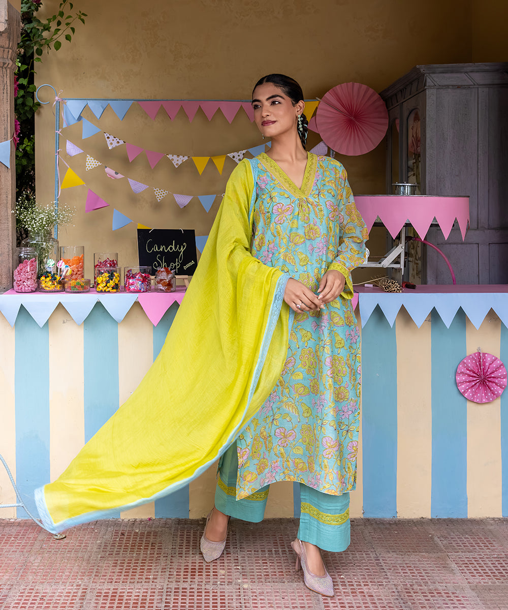 Cotton Candy Light Blue Chanderi Mulmul Kurta set of 3