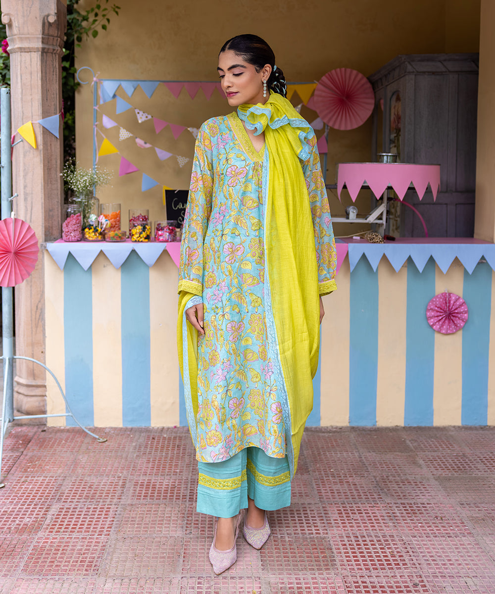 Cotton Candy Light Blue Chanderi Mulmul Kurta set of 3