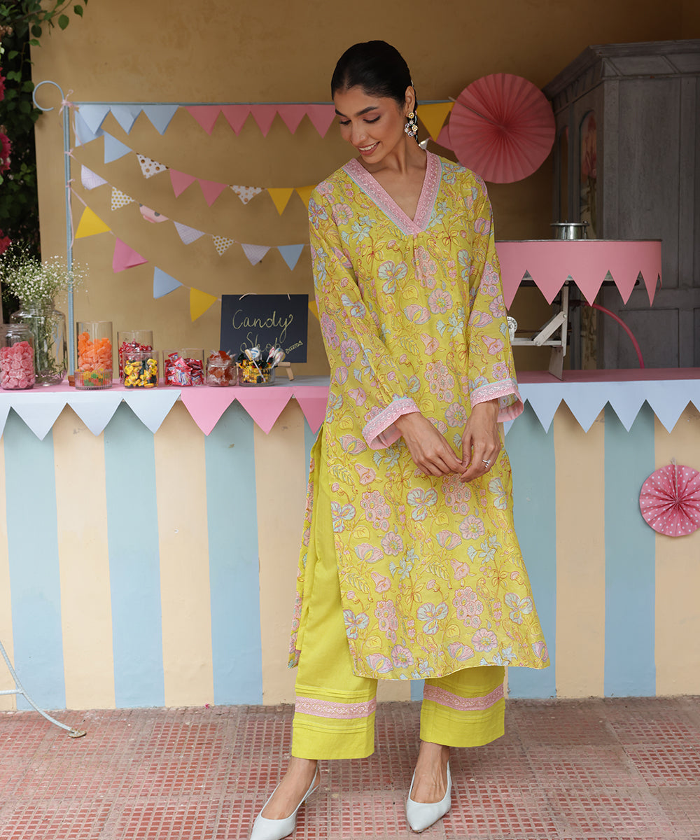 Cotton Candy Lime Green Chanderi Mulmul Kurta set of 2