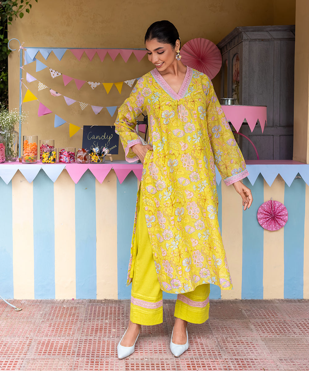 Cotton Candy Lime Green Chanderi Mulmul Kurta set of 2