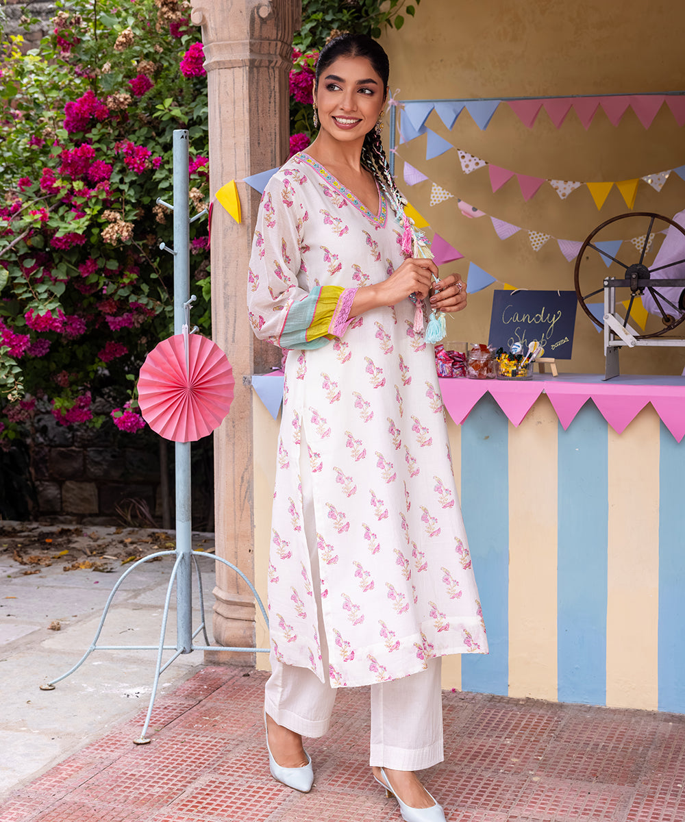 Cotton Candy White Pink Chanderi Mulmul Kurta set of 2