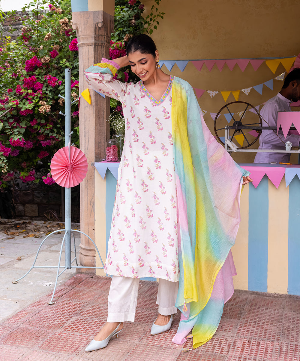 Cotton Candy White Pink Chanderi Mulmul Kurta set of 3