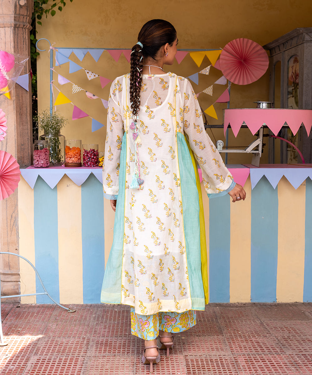 Cotton Candy White Blue Chanderi Mulmul A -Line Kurta set of 3