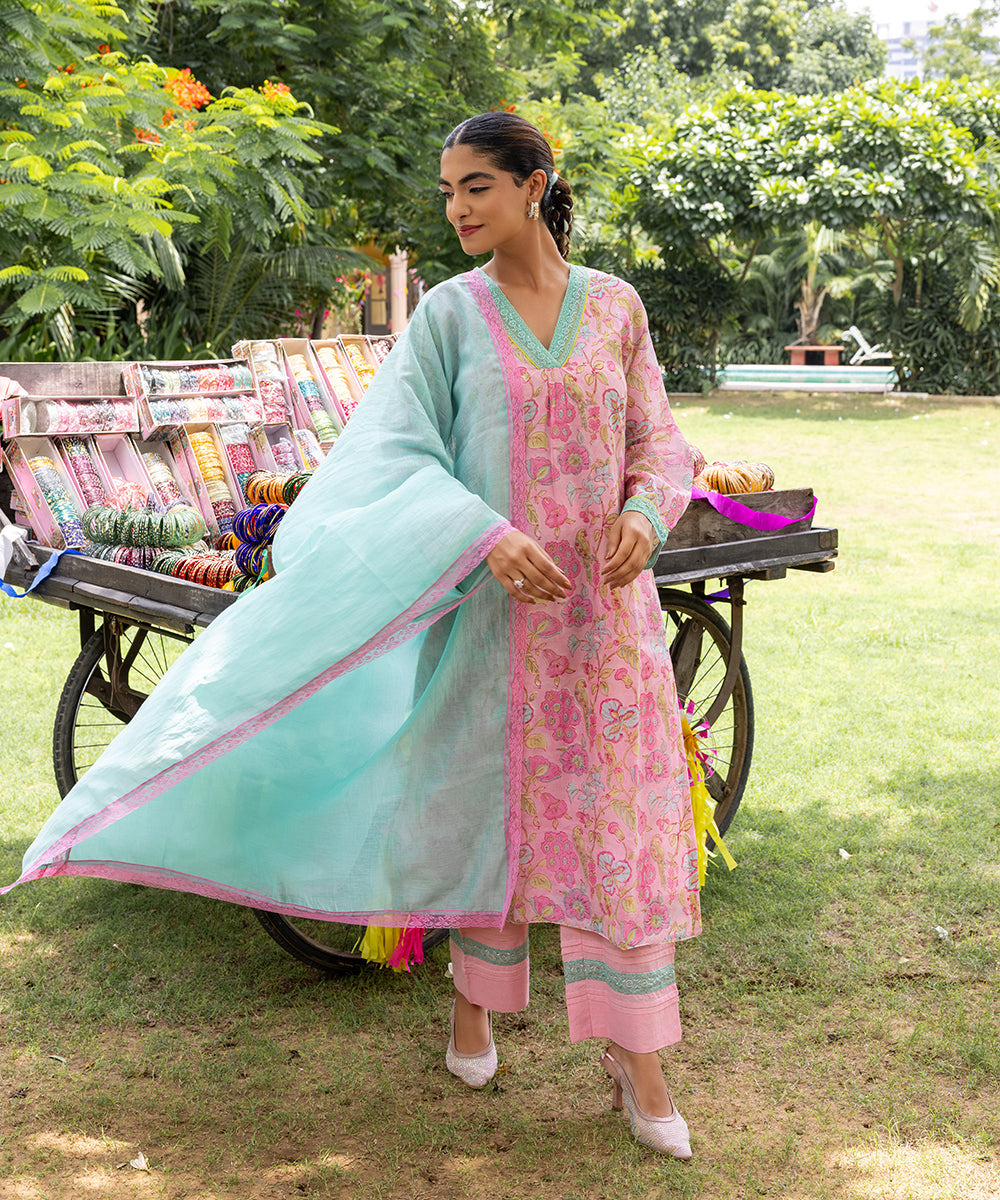 Cotton Candy Light Pink Chanderi Mulmul Kurta set of 3