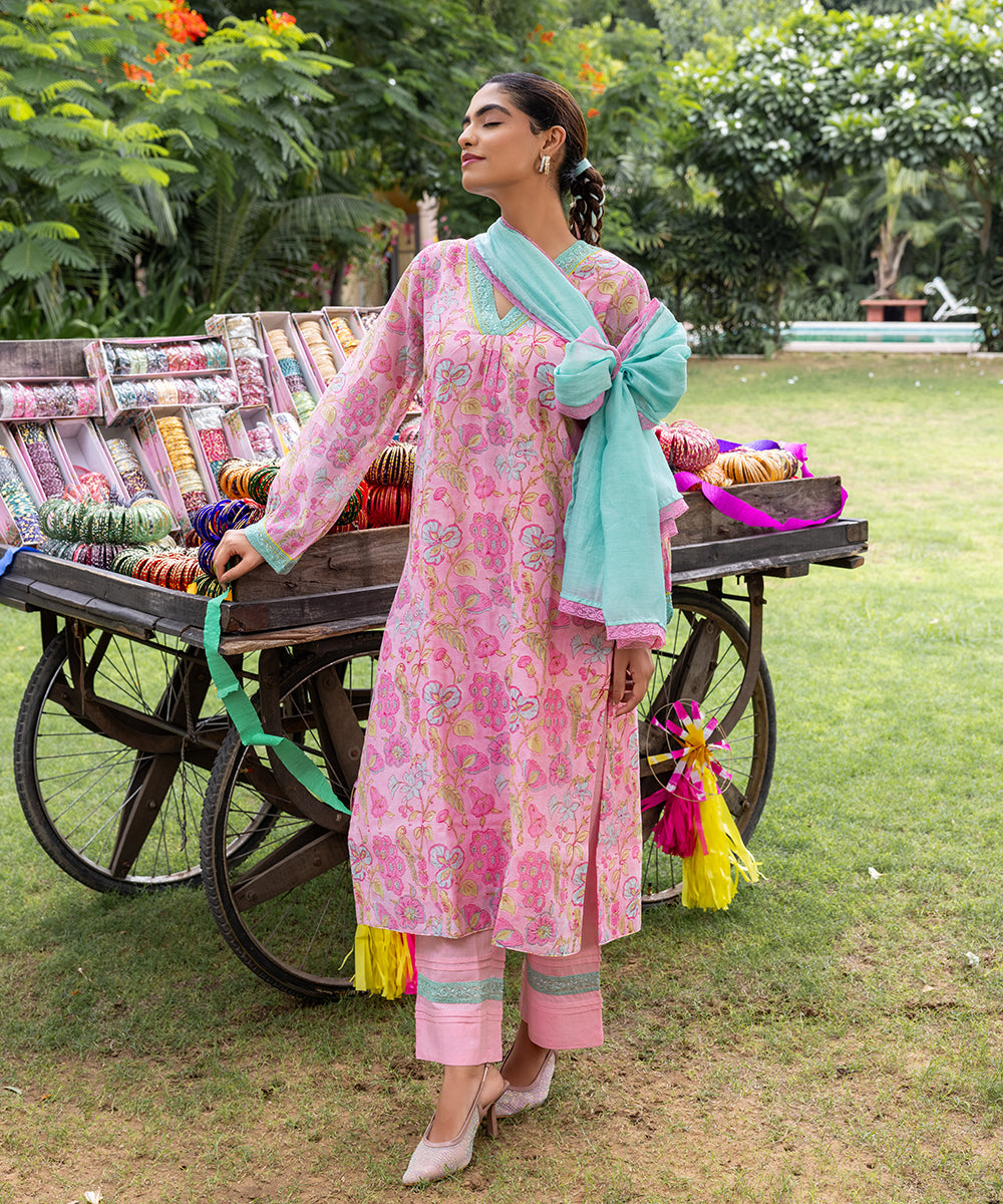 Cotton Candy Light Pink Chanderi Mulmul Kurta set of 3