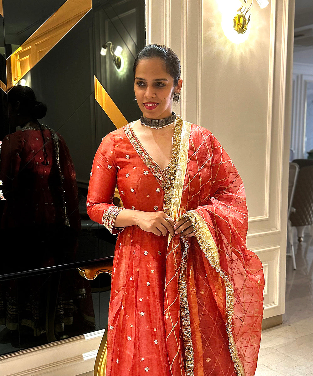 Saina Nehwal In Handloom Rust Orange Angrakha Set Ready To Wear Silk Ensembles