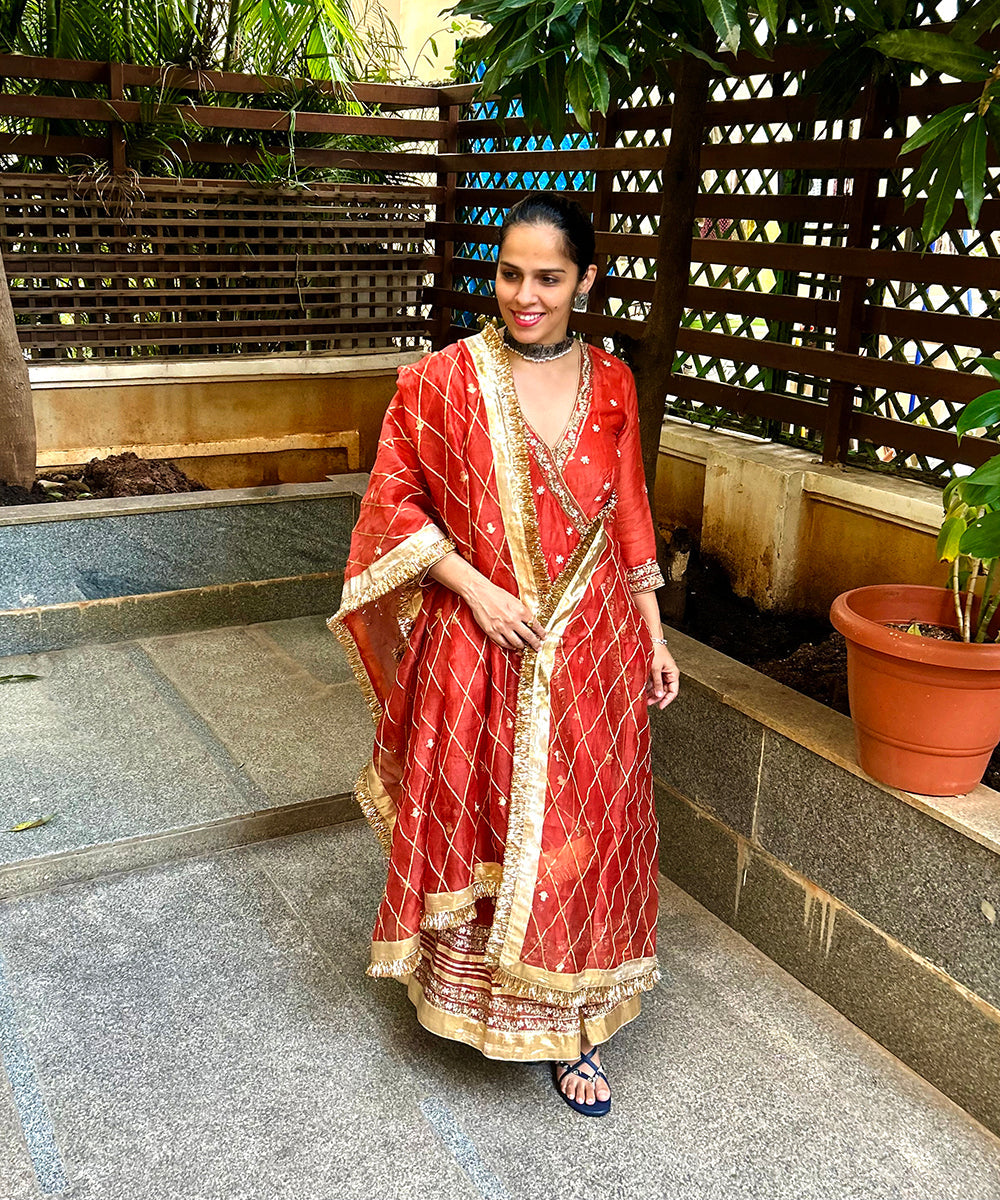 Saina Nehwal In Handloom Rust Orange Angrakha Set Ready To Wear Silk Ensembles