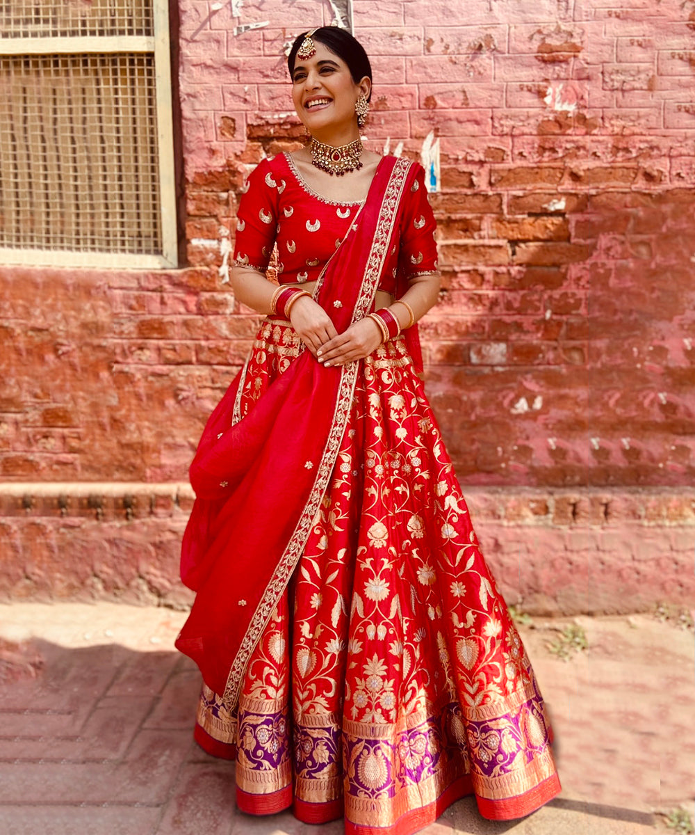 Anshul Chauhan In Red Banarasi Handloom Lehenga Set - Pre Order Stitched