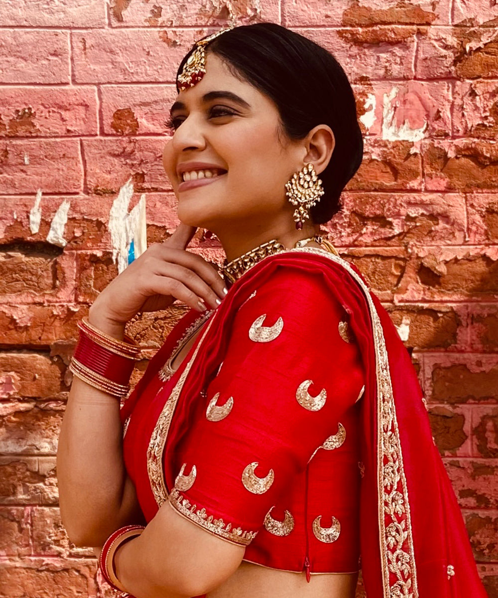 Anshul Chauhan In Red Banarasi Handloom Lehenga Set - Pre Order Stitched