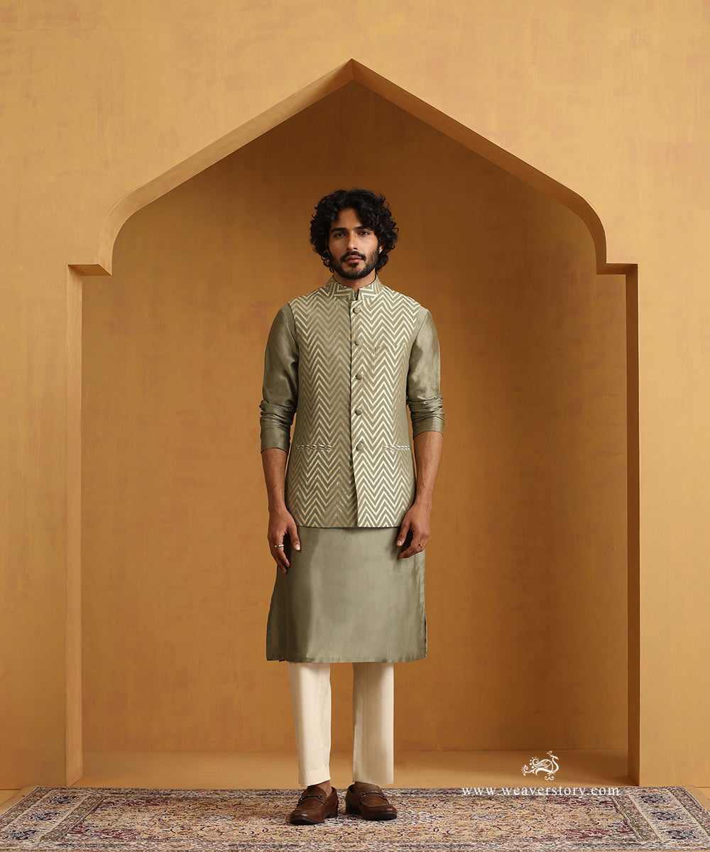 Moss_Green_Hand_Embroidered_Chanderi_Kurta_Set_With_Moonga_Silk_Nehru_Jacket_WeaverStory_05