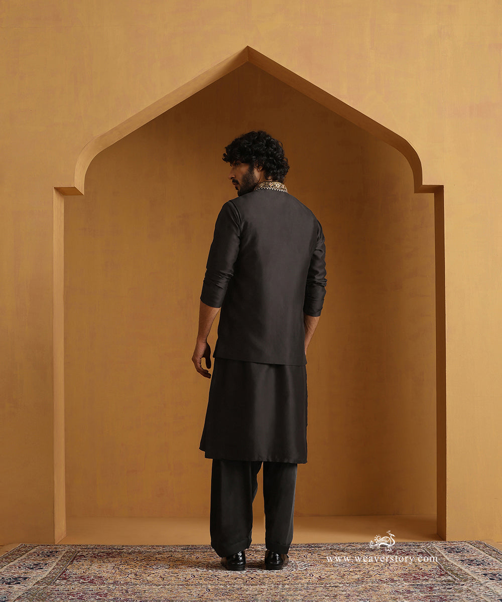 Black_Chanderi_Kurta_With_Salwar_And_Nehru_Jacket_With_Hand_Embroidered_Collar_WeaverStory_04