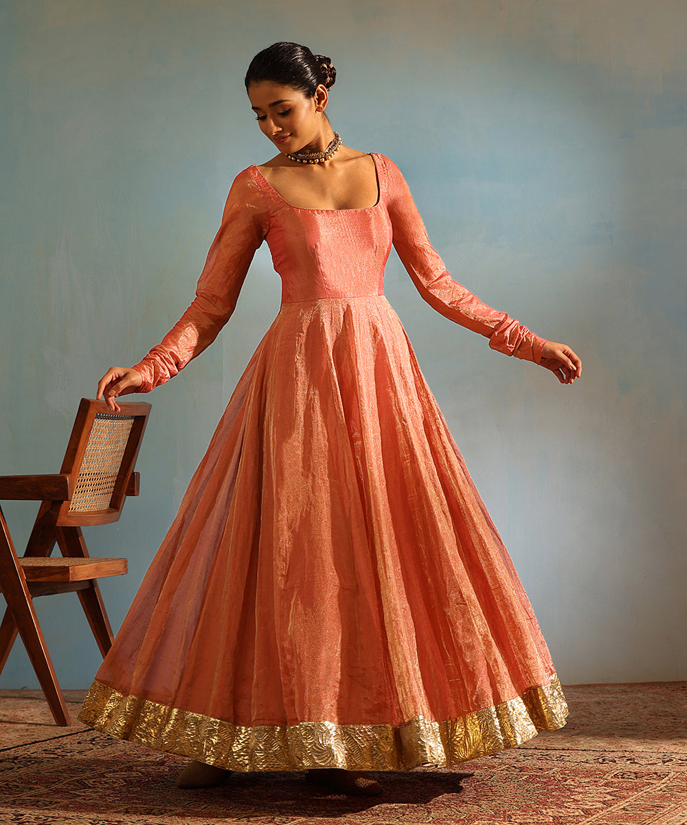 Coral Handcrafted Tissue Silk Anarkali Kurta With Churidaar And Organza Dupatta XL Coral Handcrafted Tissue Silk Anarkali Kurta With Churidaar And Organza Dupatta XL