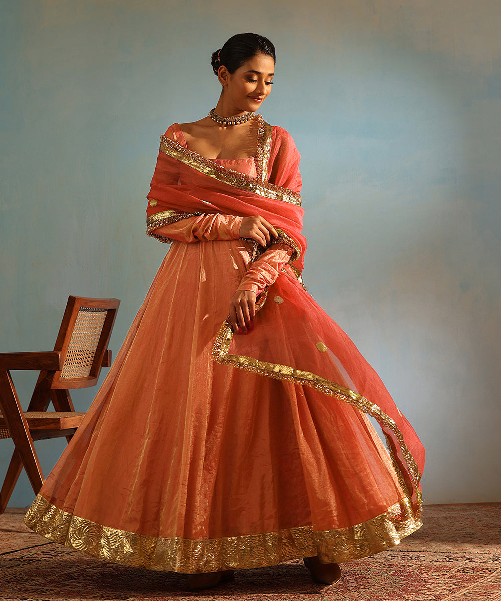 Coral Handcrafted Tissue Silk Anarkali Kurta With Churidaar And Organza Dupatta Ready To Wear