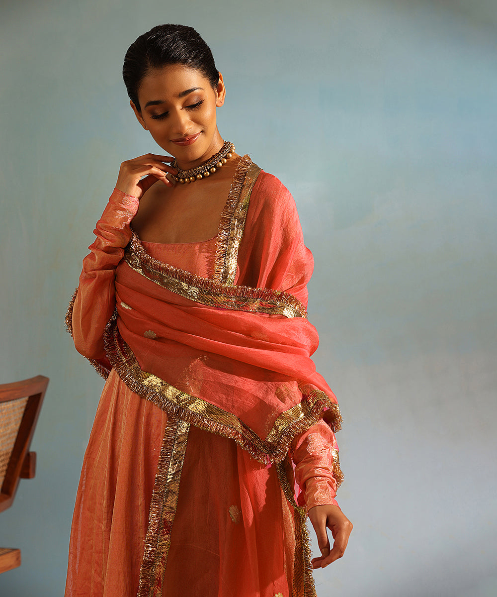 Coral Handcrafted Tissue Silk Anarkali Kurta With Churidaar And Organza Dupatta Ready To Wear