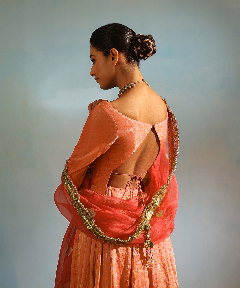 Coral Handcrafted Tissue Silk Anarkali Kurta With Churidaar And Organza Dupatta Ready To Wear