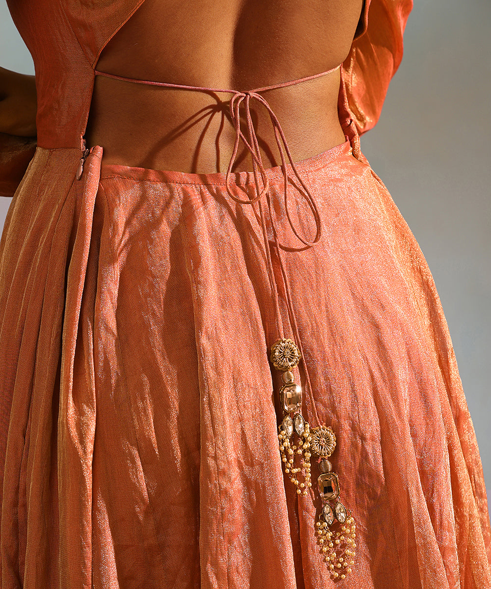 Coral Handcrafted Tissue Silk Anarkali Kurta With Churidaar And Organza Dupatta Ready To Wear