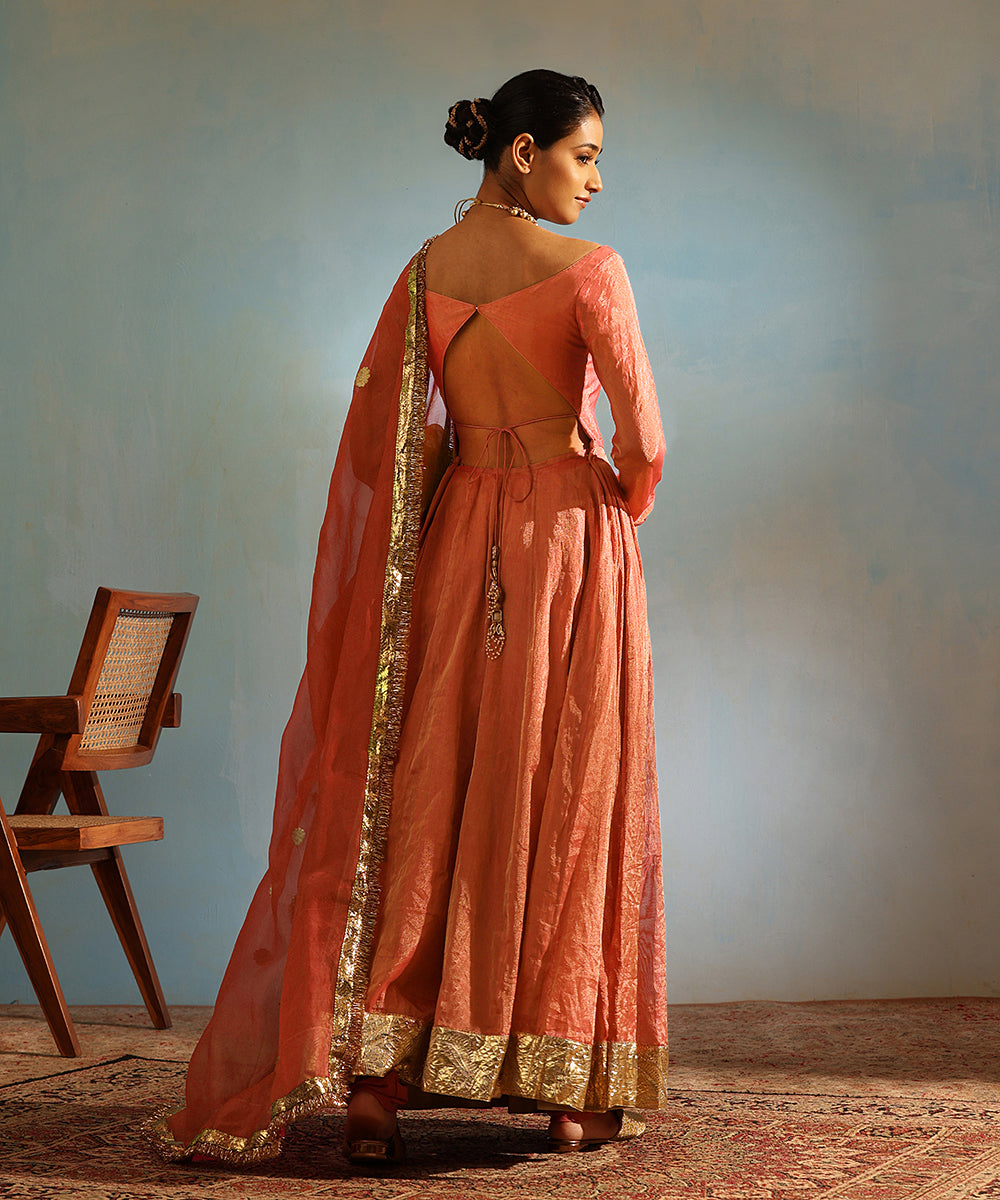 Coral Handcrafted Tissue Silk Anarkali Kurta With Churidaar And Organza Dupatta Ready To Wear