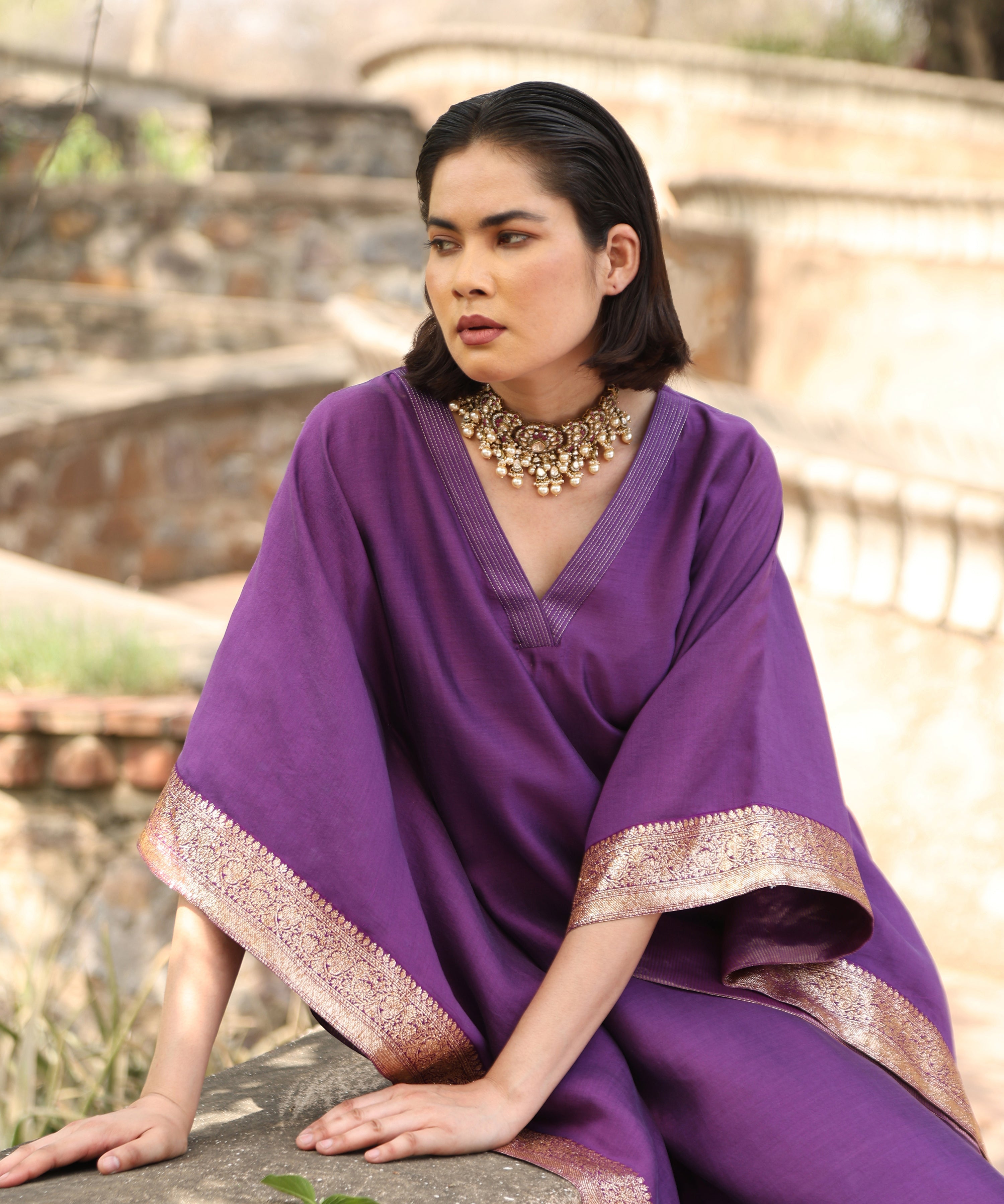 Aurbergine_Handloom_Pure_Chiniya_Kaftan_With_Sanjaab_Finishing_WeaverStory_02
