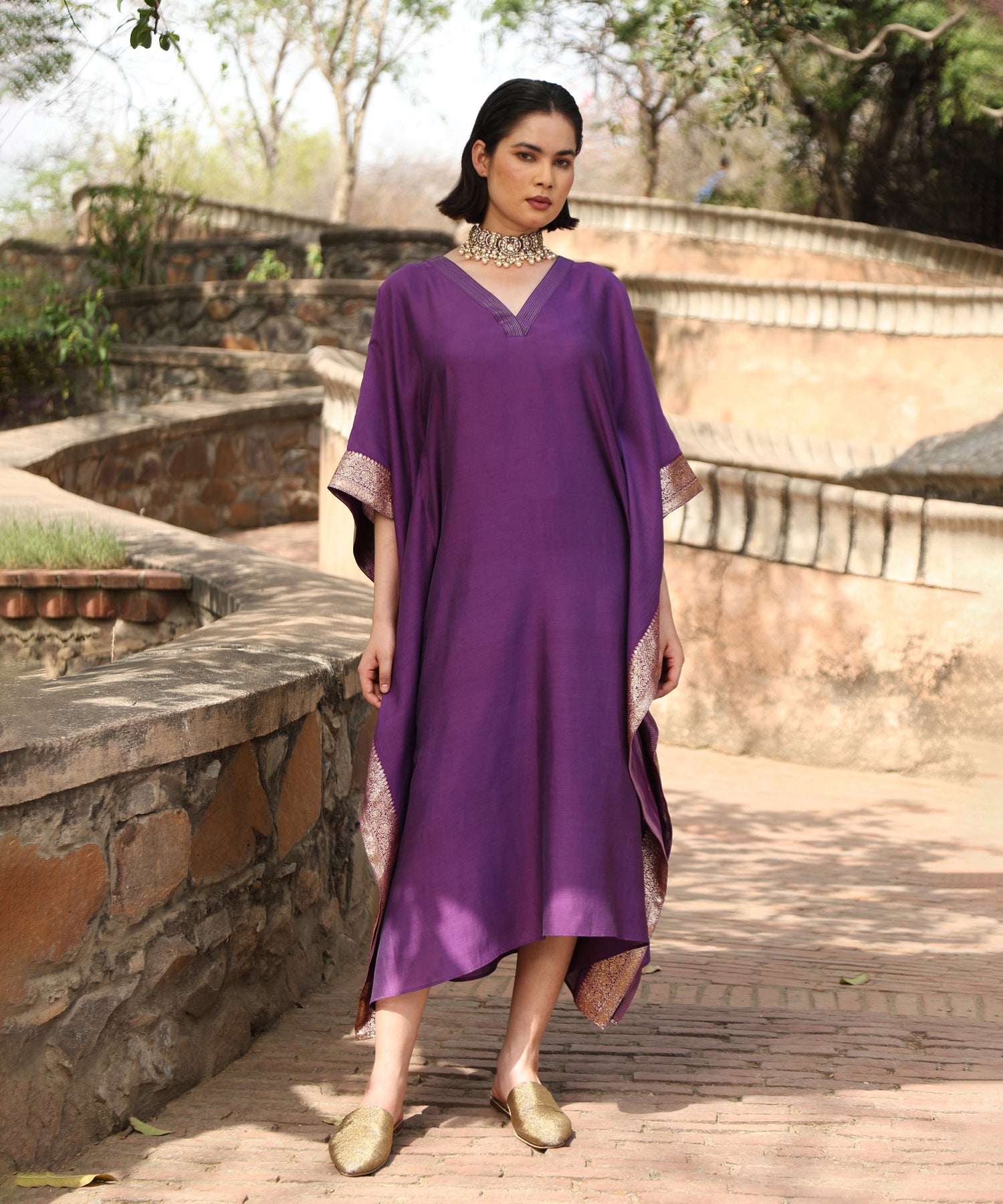 Aurbergine_Handloom_Pure_Chiniya_Kaftan_With_Sanjaab_Finishing_WeaverStory_04