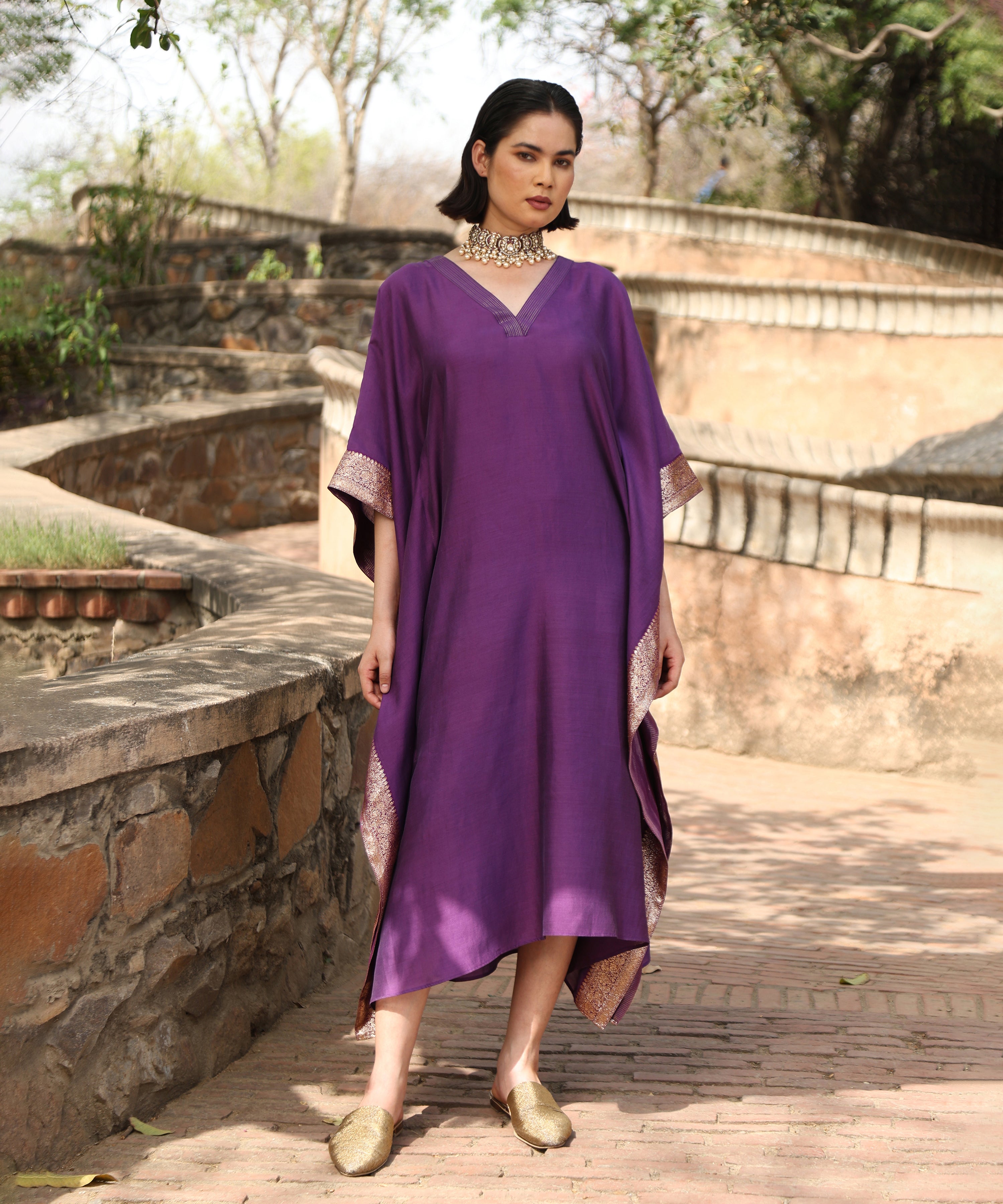 Aurbergine_Handloom_Pure_Chiniya_Kaftan_With_Sanjaab_Finishing_WeaverStory_04