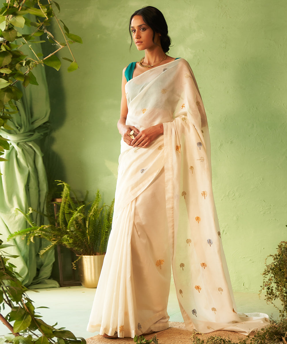Kinaara Off-White Chanderi Saree with Peacock Green Blouse