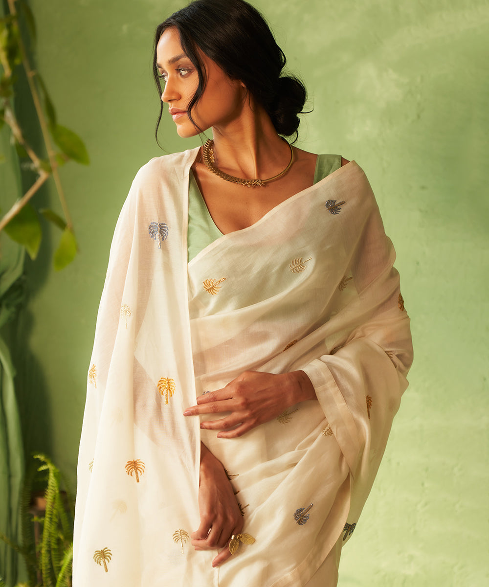 Kinaara White & Tea Green Chanderi Relaxed Fit Embroidered Saree