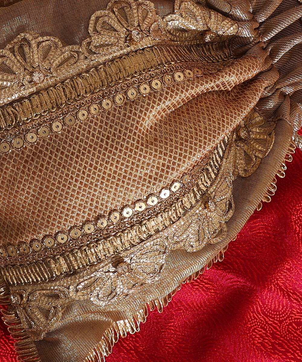 Beige Brocade Potli With Vertical Lace Stones And 3 Gold Panels