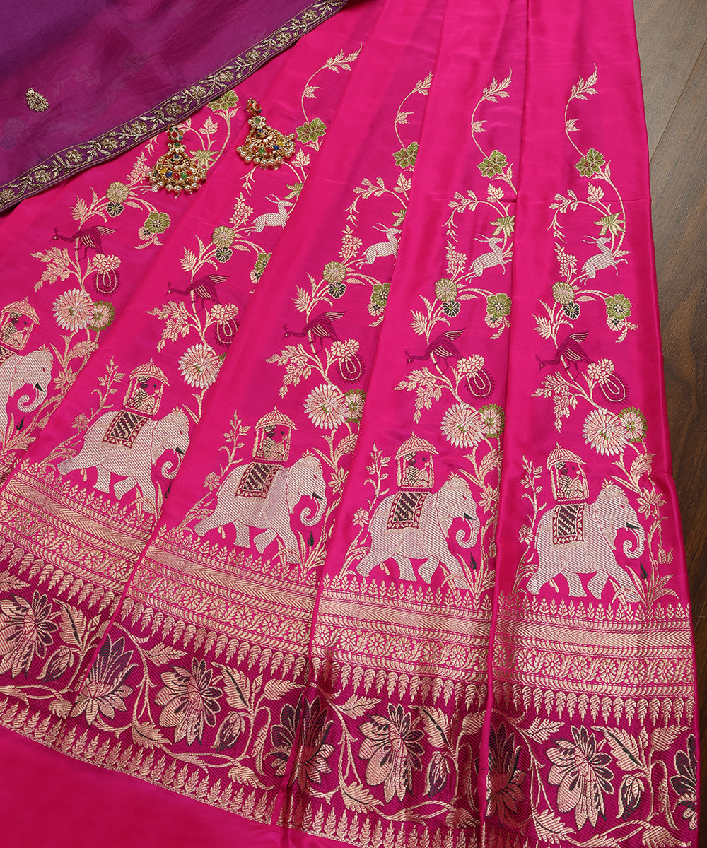 Handloom_Hot_Pink_Pure_Katan_Silk_Banarasi_Lehenga_With_Kadhwa_Shikargah_Jaal_And_Border_WeaverStory_01