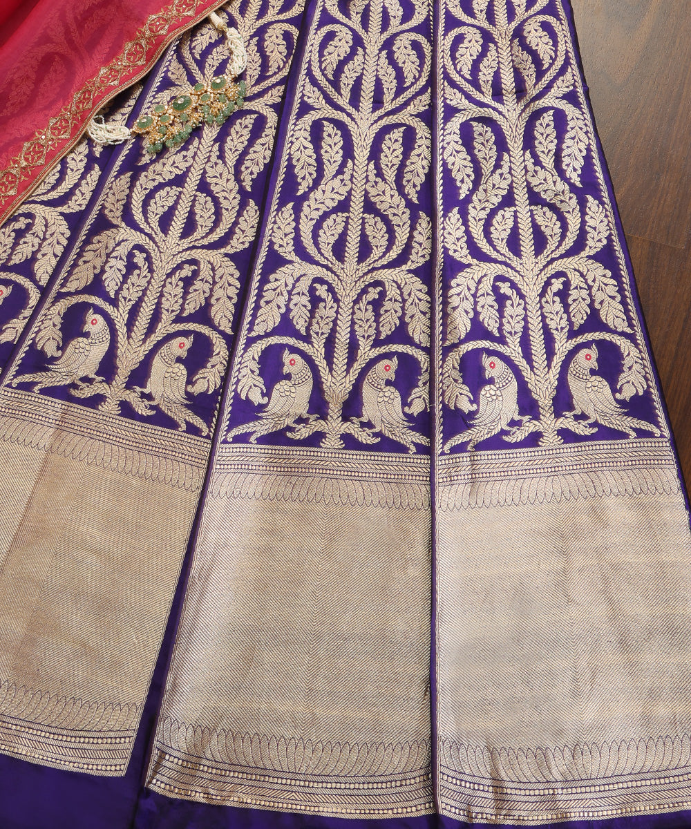 Purple_Handloom_Pure_Katan_Silk_Kadhwa_Banarasi_Lehenga_With_Parrots_WeaverStory_01