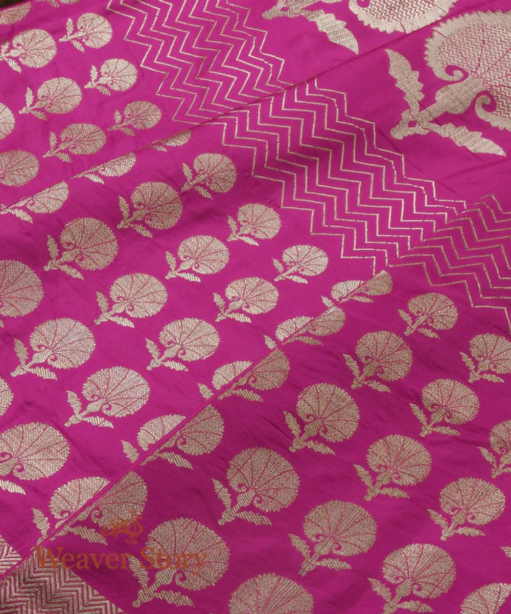 Handloom Pink Kadhwa Banarasi Lehenga With Marigold Motifs In Fine Zari