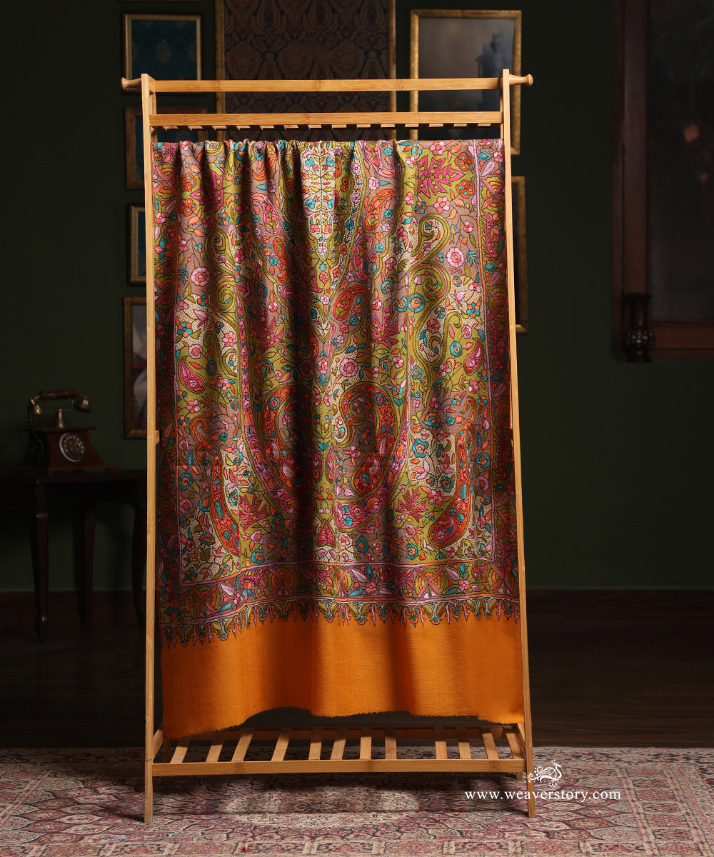 Yellow_Pure_Pashmina_Shawl_With_Paper_Mache_Ring_Work_WeaverStory_02