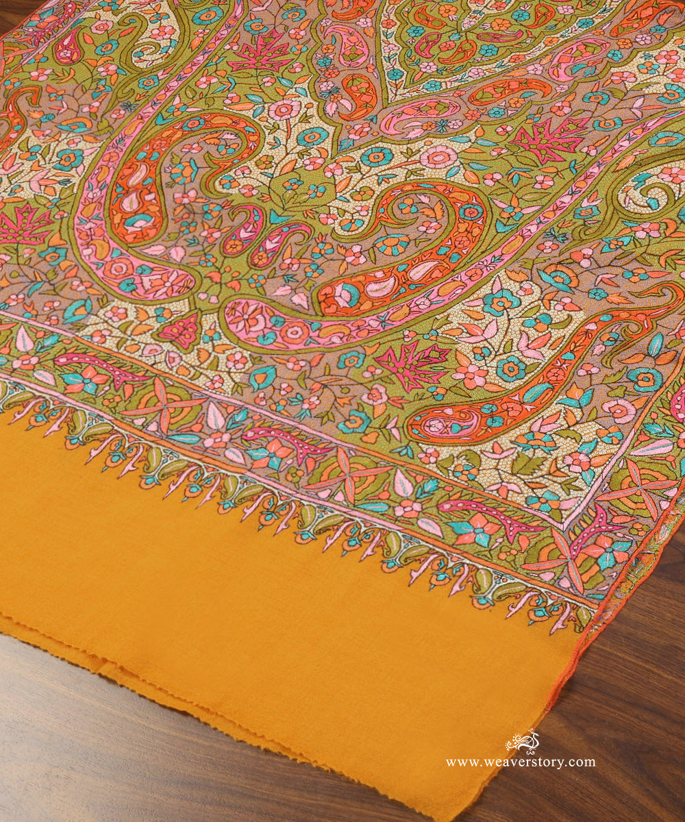 Yellow_Pure_Pashmina_Shawl_With_Paper_Mache_Ring_Work_WeaverStory_04
