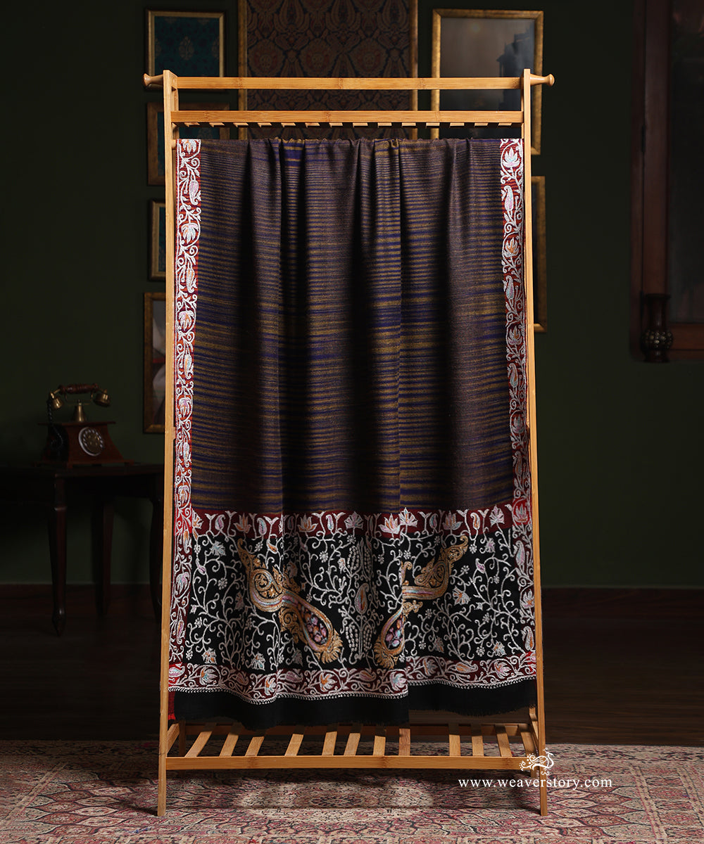 Blue_Striped_Pure_Pashmina_Shawl_With_Ikat_Weaving_And_Tilla_Border_WeaverStory_02
