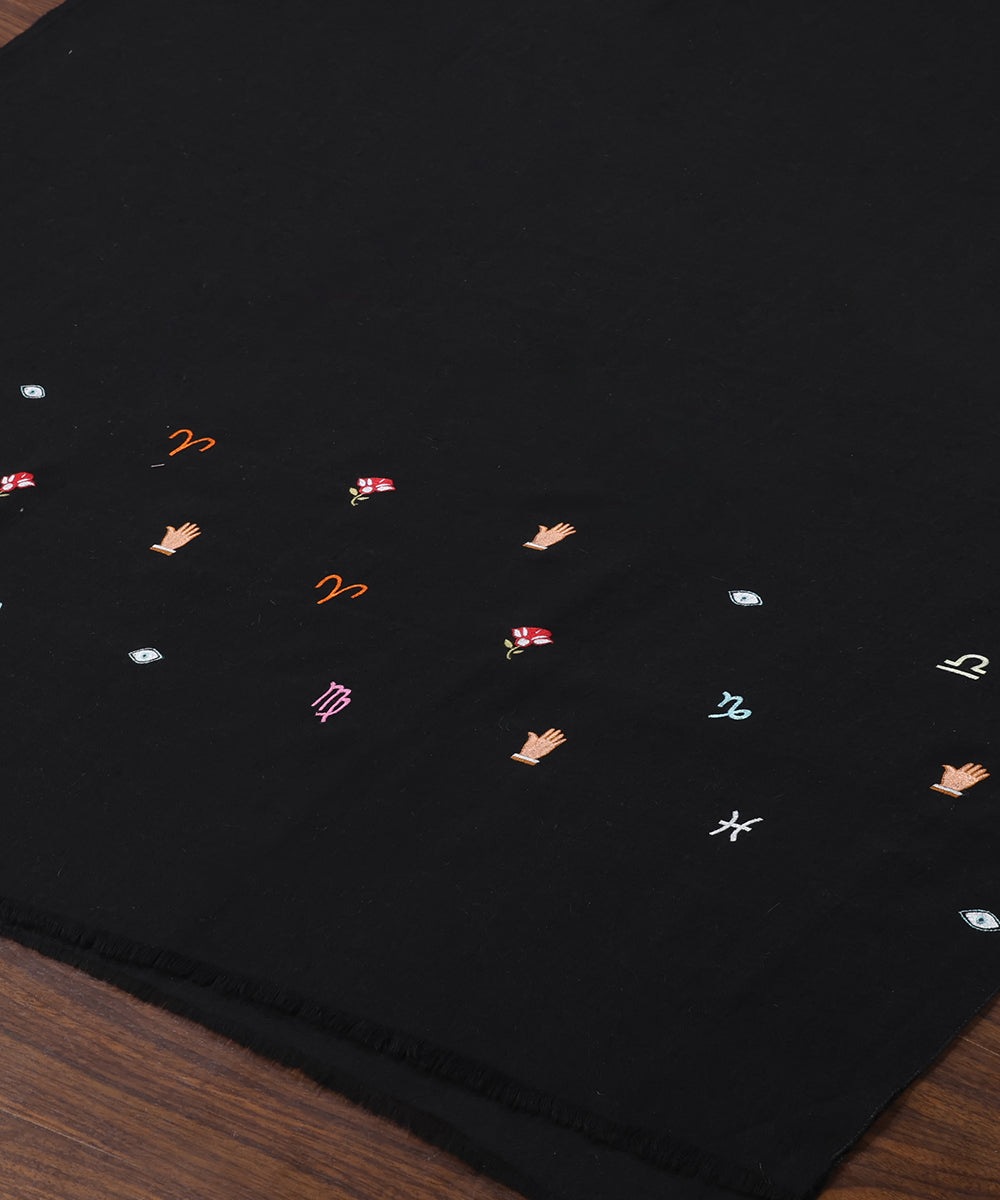 Black Handwoven Pure Pashmina Shawl With Soznikari Booti Design Shawls