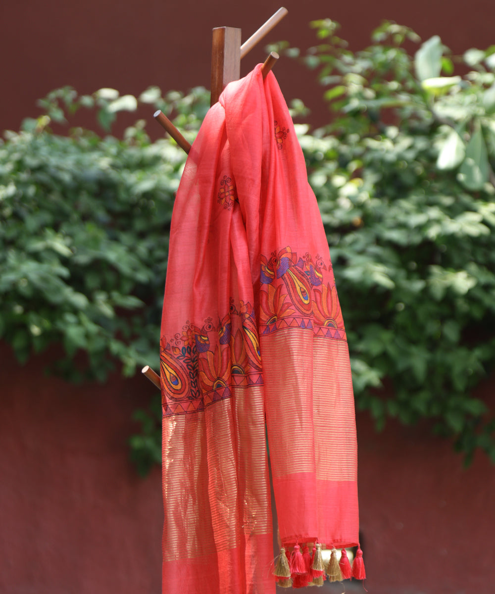 Carrot_Hand_Painted_Pure_Chanderi_Madhubani_Dupatta_WeaverStory_01