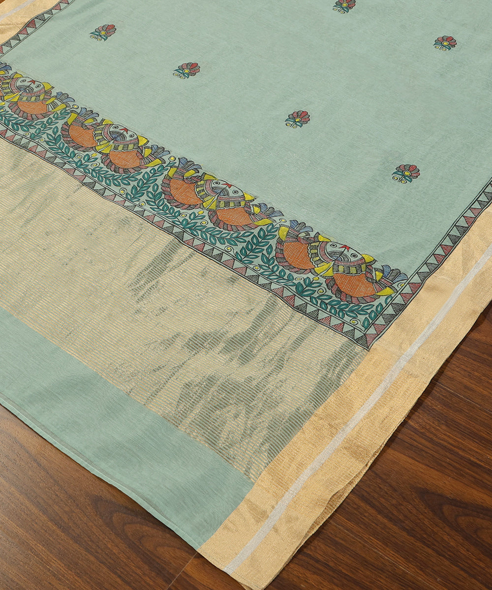 Sage_Green_Hand_Painted_Pure_Chanderi_Madhubani_Dupatta_WeaverStory_02
