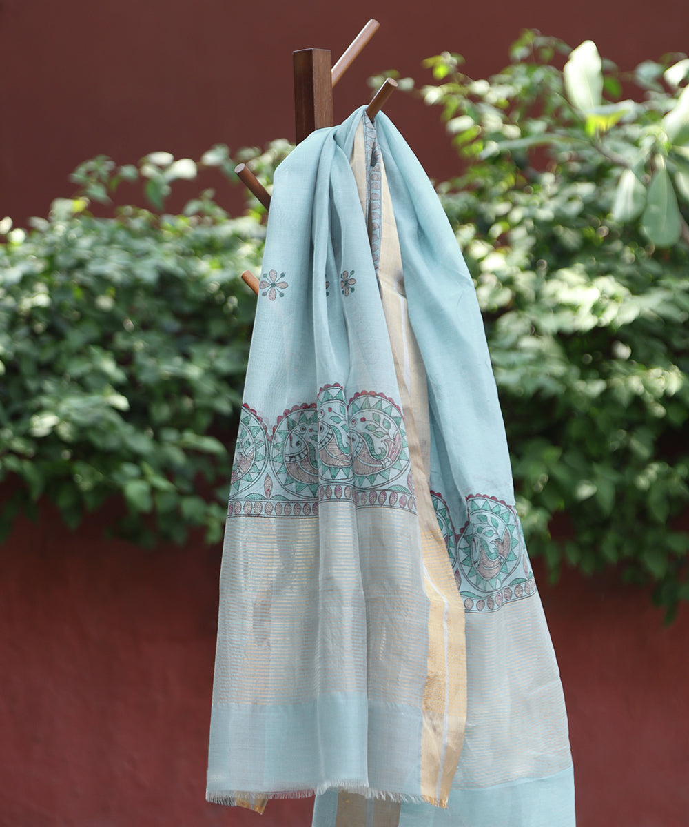 Light_Blue_Hand_Painted_Pure_Chanderi_Madhubani_Dupatta_WeaverStory_01