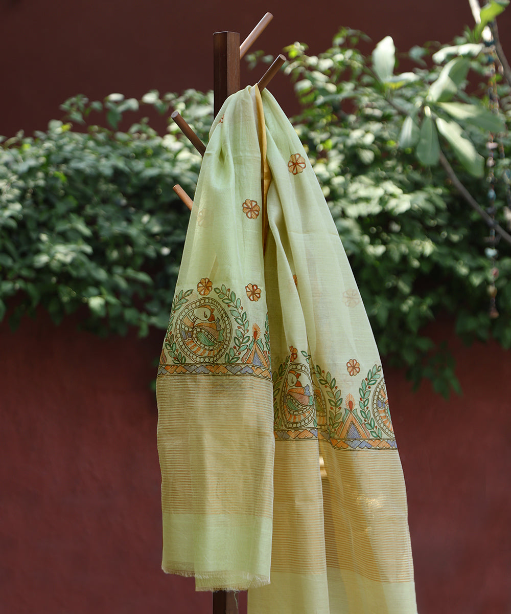 Pista_Green_Hand_Painted_Pure_Chanderi_Madhubani_Dupatta_WeaverStory_01