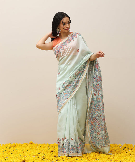 Pastel Green Handloom Chanderi Handpainted Madhubani Saree - Pre Order