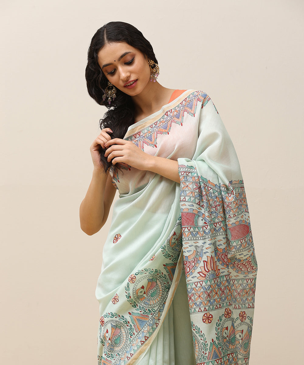 Pastel_Green_Handloom_Chanderi_Handpainted_Madhubani_Saree_With_Multicolor_Peacock_Motifs_WeaverStory_02