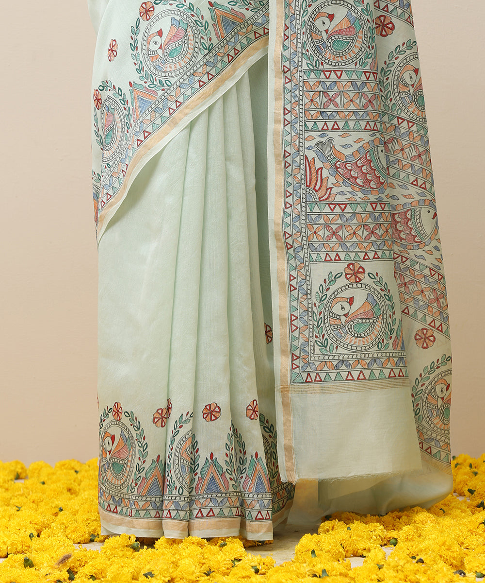 Pastel_Green_Handloom_Chanderi_Handpainted_Madhubani_Saree_With_Multicolor_Peacock_Motifs_WeaverStory_04