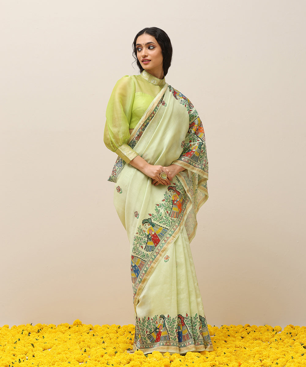Handloom_Parrot_Green_Chanderi_Handpainted_Madhubani_Saree_With_Multicolor_Women_Motifs_WeaverStory_01