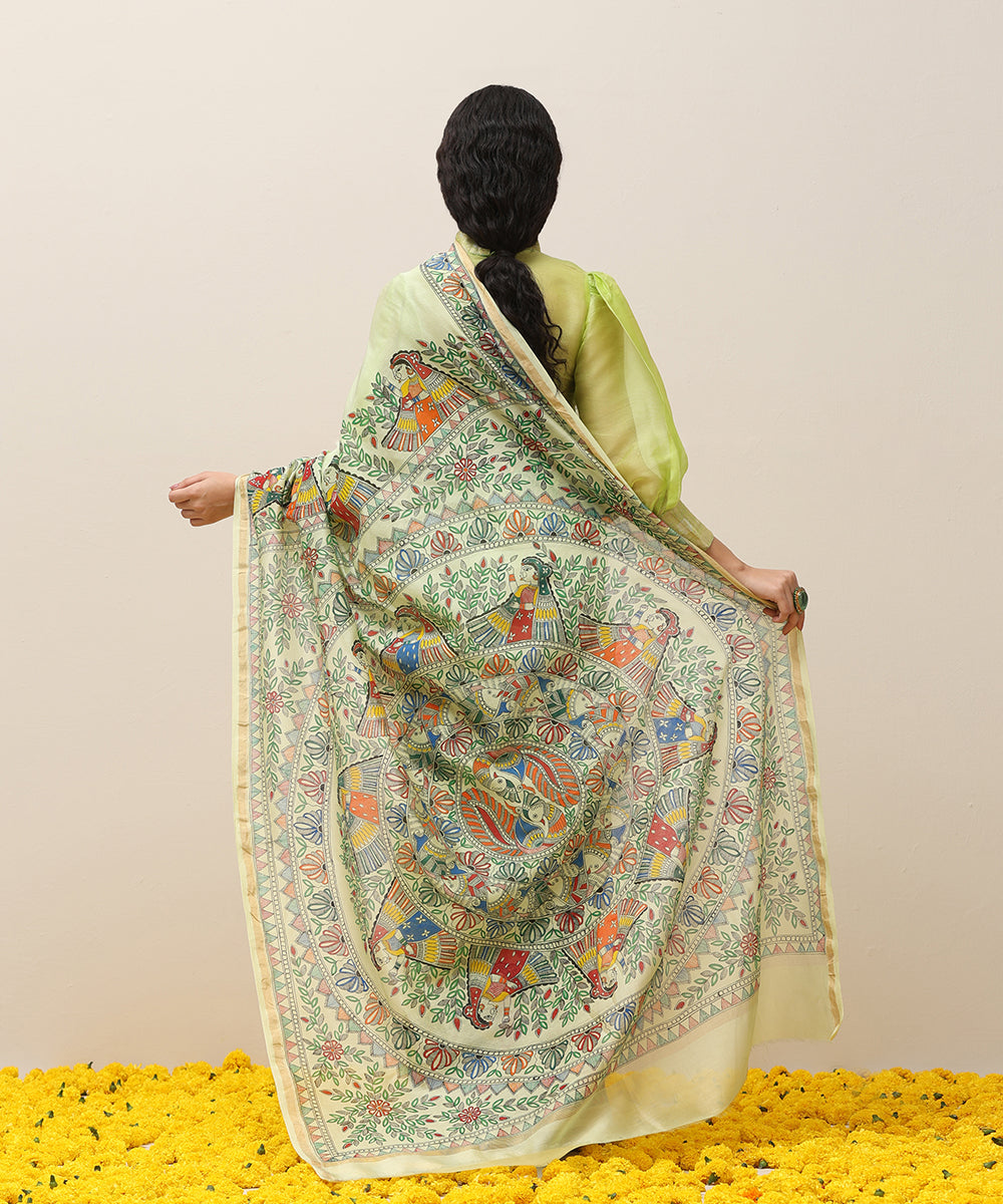 Handloom_Parrot_Green_Chanderi_Handpainted_Madhubani_Saree_With_Multicolor_Women_Motifs_WeaverStory_03