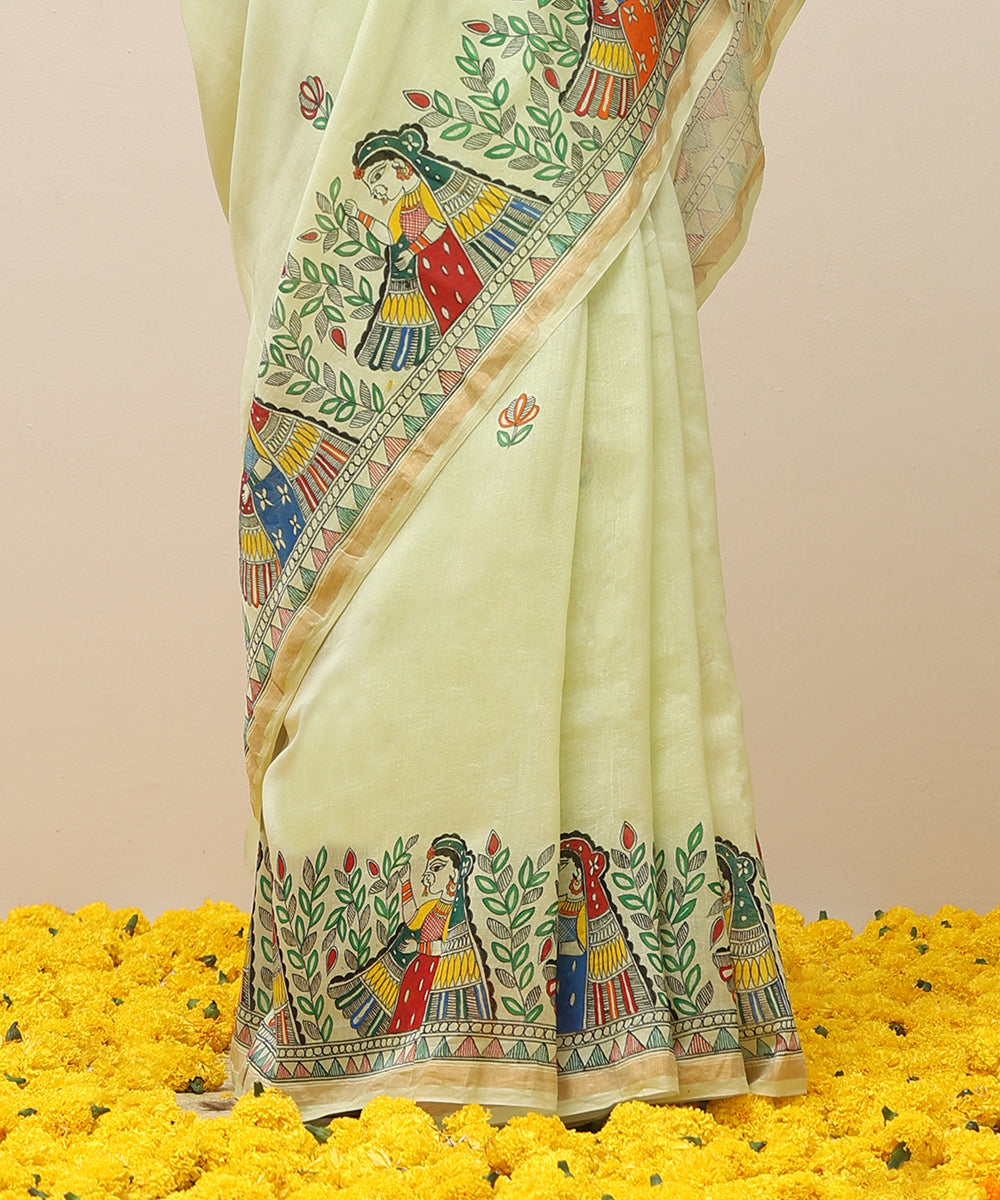 Handloom_Parrot_Green_Chanderi_Handpainted_Madhubani_Saree_With_Multicolor_Women_Motifs_WeaverStory_04