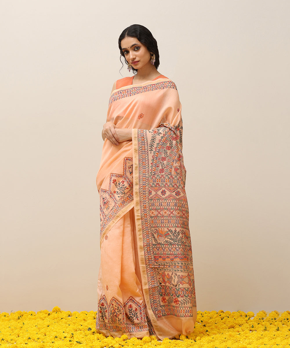 Peach_Handloom_Chanderi_Handpainted_Madhubani_Saree_With_Motifs_WeaverStory_01