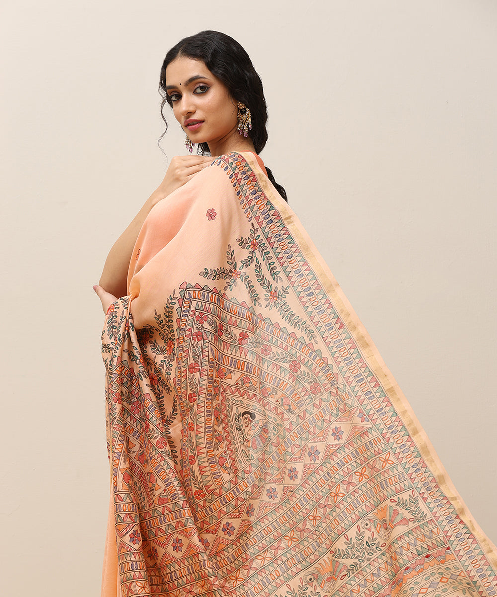 Peach_Handloom_Chanderi_Handpainted_Madhubani_Saree_With_Motifs_WeaverStory_02