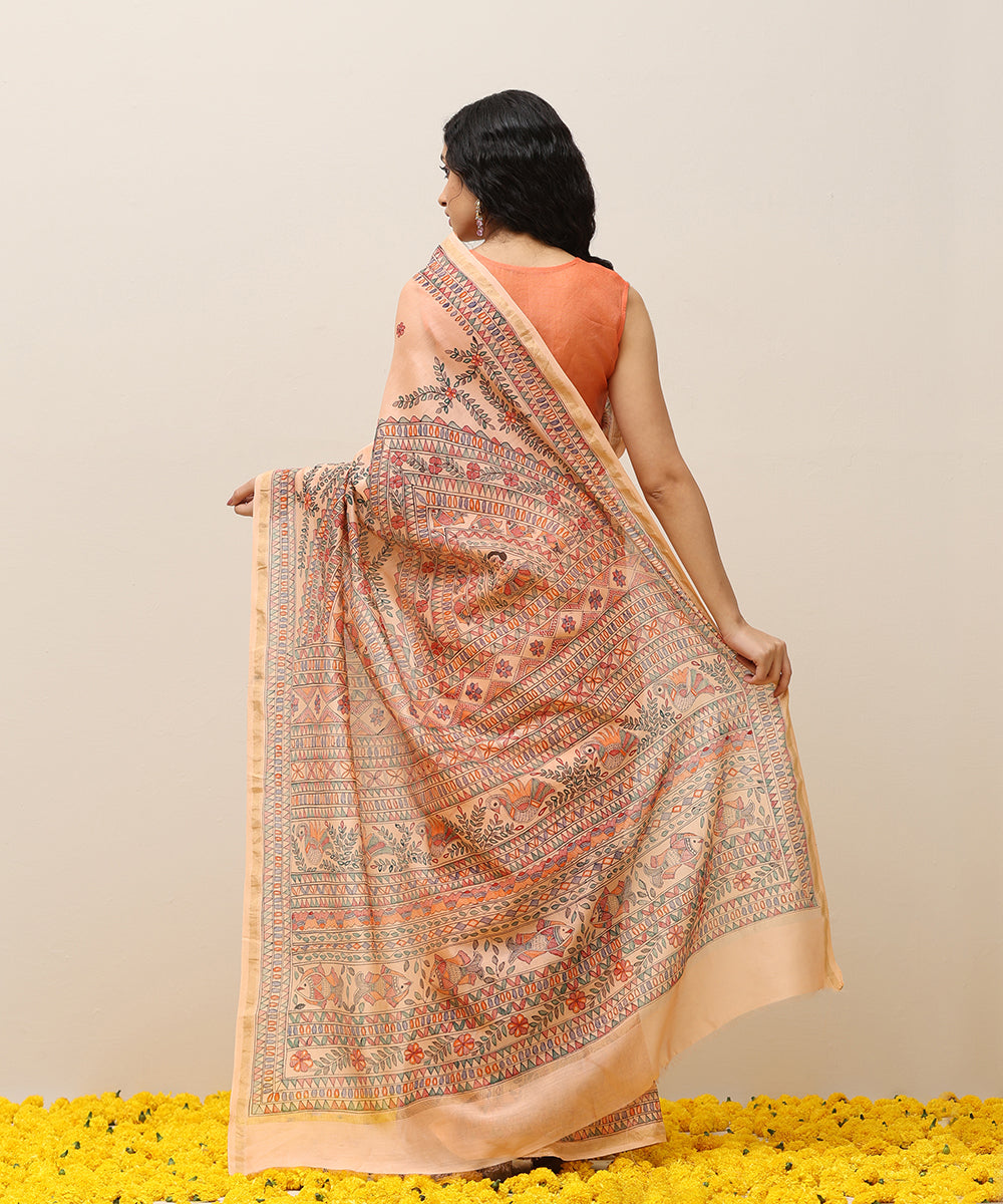 Peach_Handloom_Chanderi_Handpainted_Madhubani_Saree_With_Motifs_WeaverStory_03