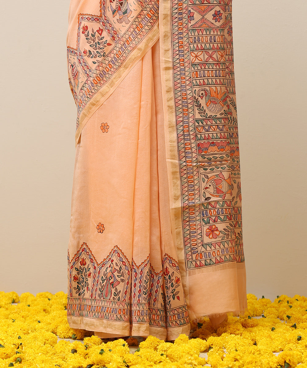 Peach_Handloom_Chanderi_Handpainted_Madhubani_Saree_With_Motifs_WeaverStory_04