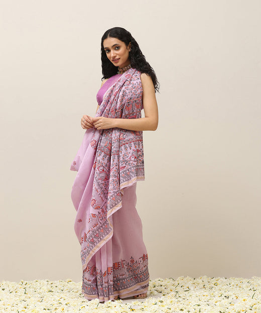 Lavender Handloom Chanderi Madhubani Saree With Elephant Motifs Handpainted on the Border - Pre Order